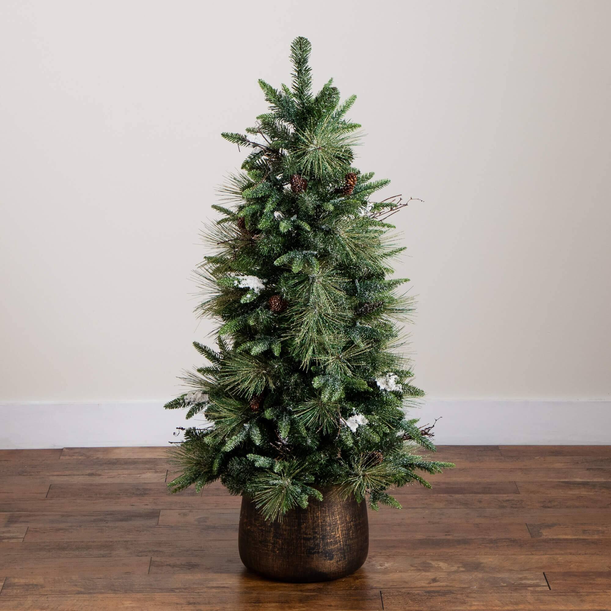 4ft. Pre-Lit Mixed Pine Snowed Artificial Christmas Tree with Pinecones in Decorative Planter, Warm White LED Lights